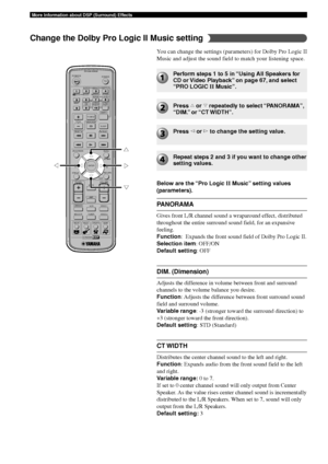 Page 7268
More Information about DSP (Surround) Effects
TV
CH
CINEMA
CH
POWERPOWER
AUDIO
/DTSSELECT
NIGHTSW
TV CHTV INPUTSLEEPPRESET PRESET
A  B  C  D  E
CENTERSURR
SHIFT
STEREO
MATRIX 6.1A-BREPEAT
ANGLESUBTITLE
DVR-S200 WB56620
ON SCREEN MENU
TESTRETURN
STATUS
TV VOL VOLUMEMUTE
AMP
DVD/CD
VCRVIDEO 1
VIDEO 2
TUNER
MD/CD-R
MOVIE MUSIC SPORTS GAME
SET MENU
ENTER
g
h
gg
Below are the 
“Pro Logic  II Music ” setting values
(parameters).
PANORAMA
Gives front L/R channel sound a wraparound effect, distributed...