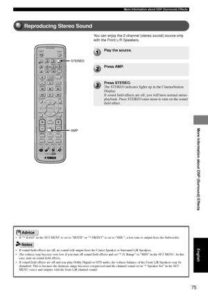 Page 7975
More Information about DSP (Surround) Effects
More Information about DSP (Surround) Effects
English
Reproducing Stereo Sound
TV
CH
CINEMA
CH
POWERPOWER
AUDIO
/DTSSELECT
NIGHTSW
TV CHTV INPUTSLEEPPRESET PRESET
A  B  C  D  E
CENTERSURR
SHIFT
STEREO
MATRIX 6.1A-BREPEAT
ANGLESUBTITLE
DVR-S200 WB56620
ON SCREEN MENU
TESTRETURN
STATUS
TV VOL VOLUMEMUTE
AMP
DVD/CD
VCRVIDEO 1
VIDEO 2
TUNER
MD/CD-R
MOVIE MUSIC SPORTS GAME
SET MENU
ENTER
AMP
STEREO
• If “* BASS” in the SET MENU is set to “BOTH” or “* FRONT” is...