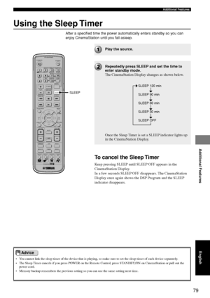 Page 8379
Additional Features
Additional Features
English
Using the Sleep Timer
After a specified time the power automatically enters standby so you can
enjoy CinemaStation until you fall asleep.
TV
CH
CINEMA
CH
POWERPOWER
AUDIO
/DTSSELECT
NIGHTSW
TV CHTV INPUTSLEEPPRESET PRESET
A  B  C  D  E
CENTERSURR
SHIFT
STEREO
MATRIX 6.1A-BREPEAT
ANGLESUBTITLE
DVR-S200 WB56620
ON SCREEN MENU
TESTRETURN
S TAT U S
TV VOL VOLUMEMUTE
AMP
DVD/CD
VCRVIDEO 1
VIDEO 2
TUNER
MD/CD-R
MOVIE MUSIC SPORTS GAME
SET MENU
ENTER
SLEEP
•...