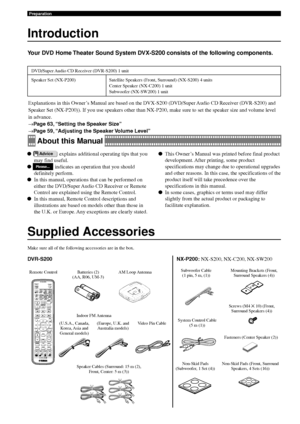 Page 106
Preparation
Supplied Accessories
Remote Control
Make sure all of the following accessories are in the box.
System Control Cable(5 m (1))
Batteries (2)
(AA, R06, UM-3) AM Loop AntennaIndoor FM Antenna
Speaker Cables (Surround: 15 m (2), Front, Center: 5 m (3))
DVR-S200 NX-P200: 
NX-S200, NX-C200, NX-SW200
Video Pin Cable Subwoofer Cable
(1 pin, 5 m, (1))
Screws (M4  ✕ 10) (Front,
Surround Speakers (4))
Mounting Brackets (Front,
Surround Speakers (4))
Non-Skid Pads
(Subwoofer, 1 Set (4)) Fasteners...