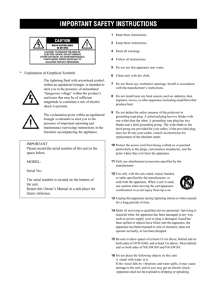 Page 3IMPORTANT SAFETY INSTRUCTIONS
i
* Explanation of Graphical Symbols
1Read these instructions.
2Keep these instructions.
3Heed all warnings.
4Follow all instructions.
5Do not use this apparatus near water.
6Clean only with dry cloth.
7Do not block any ventilation openings. Install in accordance 
with the manufacturer’s instructions.
8Do not install near any heat sources such as radiators, heat 
registers, stoves, or other apparatus (including amplifiers) that 
produce heat.
9Do not defeat the safety...