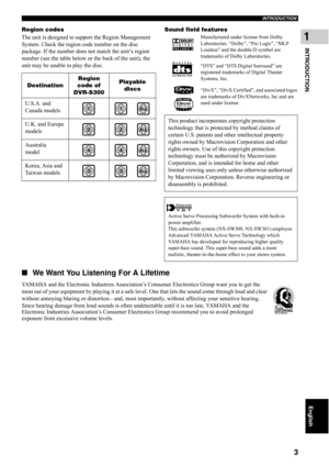Page 83
INTRODUCTION
English
INTRODUCTION
1
Region codes
The unit is designed to support the Region Management 
System. Check the region code number on the disc 
package. If the number does not match the unit’s region 
number (see the table below or the back of the unit), the 
unit may be unable to play the disc.Sound field features
Manufactured under license from Dolby 
Laboratories. “Dolby”, “Pro Logic”, “MLP 
Lossless” and the double-D symbol are 
trademarks of Dolby Laboratories.
“DTS” and “DTS Digital...