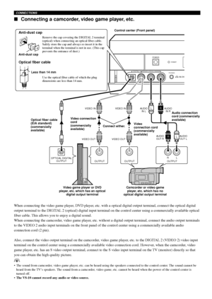 Page 1612
POWER
STANDBY
PHONESSILENT
DIGITAL2 VIDEO2
RL
OUTPUTOUTPUTOUTPUTOPTICAL DIGITAL
OUTPUT
AUDIO 
OUT R AUDIO 
OUT L RL
AUDIO 
IN L L
VIDEO OUT
VIDEO IN
VIDEO OUT
VIDEO INAUDIO 
IN R R
When connecting the video game player, DVD player, etc. with a optical digital output terminal, connect the optical digital
output terminal to the DIGITAL 2 (optical) digital input terminal on the control center using a commercially available optical
fiber cable. This allows you to enjoy a digital sound.
When connecting the...