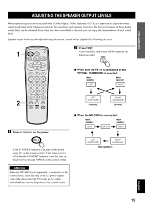 Page 1915
English
PREPARATION
EFFECT
DSP
SETAV MUTE
TESTSUBWOOFER+SUBWOOFER–
NIGHT MODE
23 1
56 4
8
MENU
9 7
0
+ –ENTER
LAST
– VOL VOL +
VS10 TV VCR CBL
ON/OFF
CH
CH
MEMORY
1
2
RIGHT CENTER LEFT
RIGHT
SURROUND LEFT
SURROUND
RIGHT LEFT
RIGHT
SURROUND LEFT
SURROUND
Rear speakers Main
speaker
When the NX-SW10 is connected:
(Virtual) (Virtual)
2Press TEST.
A test tone (like pink noise) will be output in the
following order.
When only the VS-10 is connected or the
VIRTUAL SURROUND is selected:
1Press p to turn on...