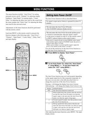 Page 2824
Setting Auto Power On/Off
The Auto Power function works as described below.
No signal is input and no button is operated for about 30
minutes.
@
The unit enters the Auto Power Off mode.
(The STANDBY indicator flashes slowly.)
@
The unit enters the Auto Power On mode and the power
is turned on automatically when the signal is input*.
(or the power is turned on with p on the remote control
or INPUT selector button on the control center.)
* If the power is turned off and on using POWER on the control...