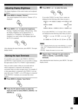 Page 2925
English
OPERATION
Naming the Input Terminals
It is possible to give names to the VIDEO 2, DIGITAL 1
and DIGITAL 2 input terminals. (It is not possible to change
the input names for the TV or VIDEO 1 input terminals.)
Once you select a name so that you can easily find out
which component is connected to the terminal, it is
convenient when you select an input source. For example, if
a video game player is connected to the VIDEO 2, you can
name that source “GAME”, or if a DVD player is connected
to the...