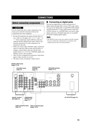 Page 1713
English INTRODUCTION
PREPARATIONBASIC OPERA-
TIONADVANCED
OPERATIONADDITIONAL
INFORMATION
APPENDIX
CONNECTIONS
Before connecting components
CAUTION
Do not connect this unit or other components to the
mains power until all connections between the
components have been completed.
•Be sure all connections are made correctly, that is to
say L (left) to L, R (right) to R, “+” to “+” and “–” to
“–”. Some components require different connection
methods and have different jack names. Refer to the
operation...