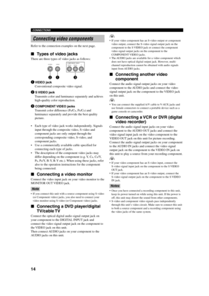 Page 1814
CONNECTIONS
Connecting video components
Refer to the connection examples on the next page.
Types of video jacks
There are three types of video jacks as follows:
1 VIDEO  jack
Conventional composite video signal.
2 S VIDEO jack
Transmits color and luminance separately and achives
high-quality color reproduction.
3 COMPONENT VIDEO jacks
Transmit color difference (P
B/CB, PR/CR) and
luminance separately and provide the best quality
picture.
•Each type of video jack works independently. Signals
input...