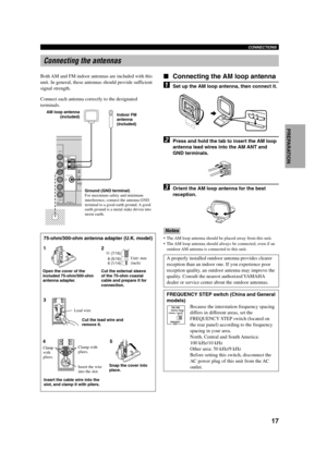 Page 2117
English INTRODUCTION
PREPARATIONBASIC OPERA-
TIONADVANCED
OPERATIONADDITIONAL
INFORMATION
APPENDIX
CONNECTIONS
TUNERAM
ANT
FM
ANT
MONIT
OOUT
D-TV
/CBLDV D GND
75Ω UNBAL.
EO
VIDEO
VIDEO
R OUTFREQUENCY
STEP
100kHz/10kHz
FREQUENCY
STEP
50kHz/9kHzFM/AM
Ground (GND terminal)
For maximum safety and minimum
interference, connect the antenna GND
terminal to a good earth ground. A good
earth ground is a metal stake driven into
moist earth.Indoor FM
antenna
(included) AM loop antenna
(included)
Connecting the...