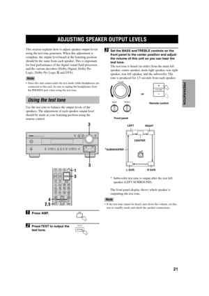 Page 2521
English INTRODUCTION
PREPARATIONBASIC OPERA-
TIONADVANCED
OPERATIONADDITIONAL
INFORMATION
APPENDIX
This section explains how to adjust speaker output levels
using the test tone generator. When this adjustment is
complete, the output level heard at the listening position
should be the same from each speaker. This is important
for best performance of the digital sound field processor,
and the various decoders (Dolby Digital, Dolby Pro
Logic, Dolby Pro Logic 
 and DTS).
Note
•Since this unit cannot enter...