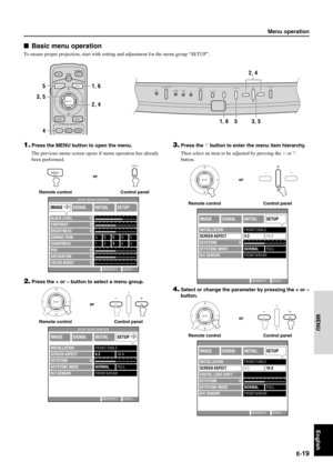 Page 25E-19
English
MENU
Menu operation
AUTO
ESCAPE
SELECT
ASPECT
RESET STILL HIDE
INPUT MENU
PAT TPATTERNSTANDBY/ON
5
3, 5
41, 6
2, 4STANDBY/ONPATTERNMENUINPUTLAMP/COVERTEMP/FA N
24PESCAPESELECT
2, 4
5 3, 5 1, 6
Basic menu operation
To ensure proper projection, start with setting and adjustment for the menu group “SETUP”.
1.Press the MENU button to open the menu.
The previous menu screen opens if menu operation has already
been performed.
2.Press the + or – button to select a menu group.
MENU
MENU
Remote...