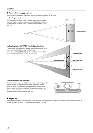 Page 13E-8
Installation
Projection image position
Follow the instructions below to adjust the position of the projected image on the screen.

This figure shows the limits within which the zoom function can alter
projection distance in relation to the screen size. Within these limits, it is
possible to adjust the image so that it fills the screen completely. (See
page 12.)

It is possible to adjust the vertical position of the projected image on the
screen up or down by half the height of the screen.
For...