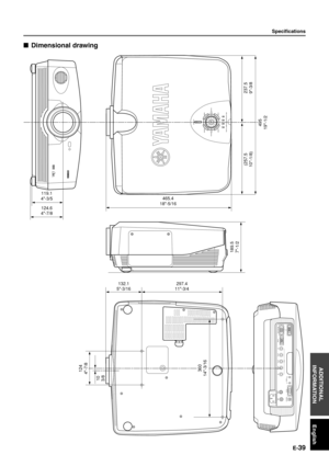 Page 44E-39
English ADDITIONAL
INFORMATION
STANDBY/ON
SETTING
LAMP COVER TEMP FAN PATTERN
ESCAPE MENU
INPUTDIGITAL CINEMA PROJECTOR DPX-1000ASPECT
DVIINPUT B
RGB/YPBPR/YCBCR
D4 VIDEO
G/Y
B/PB/CBR/PR/CRINPUT A
HD/SYNC
VDOUT IN
REMOTE
RS-232C
S-VIDEO VIDEOTRIGGER OUT
465.4
18-5/16
124.6
4-7/8
119.1
4-3/5
124
4-7/8
297.4
11-3/4132.1
5-3/16
495
19-1/2
360
14-3/16
189.5
7-1/2
237.5
9-3/8
10
3/8
(257.5
10-1/8)
Specifications
Dimensional drawing 