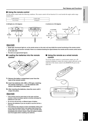 Page 10E-5
INTRODUCTION
English
Part Names and Functions
Important
•Bright light, fluorescent light etc. on the remote sensor on the main unit may inhibit the normal functioning of the remote control.
•The remote may not function normally if there is an obstacle blocking the signal between the remote and the remote control sensor
on the main unit.
•The above are approximate figures.
Using the remote control
Use the remote control under the following conditions. The remote control will not function if it is...