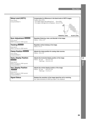 Page 3329
Menu
7
Menu items
Setup Level (HDTV)
(Input signal)
Component/RGB TV
Compensates for differences in the black levels of HDTV images.
Usually, choose [0%].
•For signals equal to the pedestal level : Set to [0%].
•For signals with high levels of blackness : Set to [7.5%].
Clamp Position 
(Input signal)
Component/RGB TV
Adjusts the clamp position for analog video sources.
Choices: -30 to +30
Horiz. Display Position
(Input signal)
RGB PC (except for HDMI signals)/
Component/RGB TV
Adjusts the horizontal...