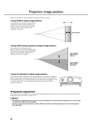 Page 5450
Follow the instructions to adjust the position of the projected image on screen.

This illustration shows the limits within which the
zoom function can alter projection distance [a] in
relation to screen size. You can adjust the image
within these limits so that it fills the screen
completely. (  page 21)

You can adjust the vertical position of the
projection image up or down by half of the height
of the screen. For example, shifting V.POS fully up
brings the lower limit of the image above the...