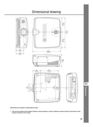 Page 6561
Reference
11
Specifications are subject to change without notice.
•This unit may interfere with reception if placed in close proximity to a radio or television receiver. Follow the instructions in this
manual to install the unit correctly.
STANDBY/ON
SETTING
LAMP COVER TEMP FAN PATTERN
ESCAPE MENU
INPUTDIGITAL CINEMA PROJECTOR DPX-1000ASPECT
HDMI
G/Y B/P
B/CBR/PR/CRINPUT A
HD/SYNC
VDOUT IN
REMOTE
TRIGGER OUT
S VIDEO
VIDEO
INPUT B
RGB/YPBPR/YCBCR
RS-232C
D4 VIDEO
465.4
18-5/16
124.6
4-7/8
119.1
4-3/5...