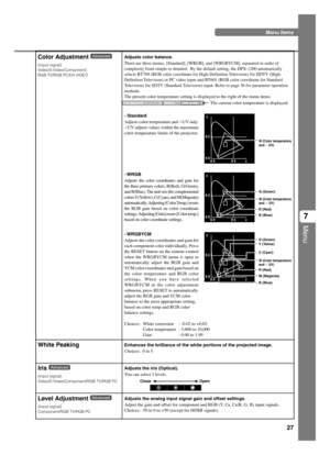 Page 3127
Menu
7
Color Adjustment 
(Input signal)
Video/S-Video/Component/
RGB TV/RGB PC/D4 VIDEO
Adjusts color balance.
There are three menus, [Standard], [WRGB], and [WRGBYCM], separated in order of
complexity from simple to detailed.  By the default setting, the DPX-1200 automatically
selects BT709 (RGB color coordinate for High-Definition Television) for HDTV (High-
Definition Television) or PC video input and BT601 (RGB color coordinate for Standard
Television) for SDTV (Standard Television) input. Refer...