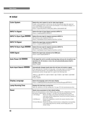 Page 3430
 Initial
Menu items
Color SystemSelects the color system to use for video input signals.
Usually, set this parameter to Auto to have the unit automatically detect the signal and
select an appropriate color system. Set the unit manually to view NTSC4.43 images as it
cannot detect NTSC4.43 automatically.
Choices: Auto/NTSC/NTSC4.43/PAL/PAL-M/PAL-N/PAL60/SECAM
INPUT A Sync Type Selects the sync type for signals received at INPUT A.
This function is only available for RGB TV.
Choices: Auto/Separate...