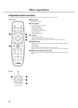 Page 3632
Menu operations
Operation button functions
Use the buttons on the remote control or the main unit to operate the menus. The button functions are listed below.
1Menu Button
Opens/Closes the menu.
2Cursor button
+ / - (Move the cursor ringht/left)
• Selects menu groups.
• Opens/Closes submenus.
• Selects/Changes settings.
h / g (Moves the cursor up/down)
• Selects menu items.
• Selects/Changes settings.
3 button
• Confirms setting changes.
• Opens the in-line menu when the menu is not open.
• Selects...