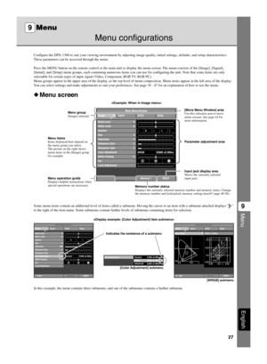 Page 3127
Menu
9
English
VIDEO+ : Enter
Image
Memory 1 Signal Initial SetupMove Menu Window
Color AdjustmentStandard 6700K +
0.000uv-
Black Level
abcde 0White Level 0GammaHue 0Saturation 100
Level AdjustmentIrisWhite Peaking
0
2Sharpness Gain
Sharpness Type2
Menu configurations
Configure the DPX-1300 to suit your viewing environment by adjusting image quality, initial settings, defaults, and setup characteristics.
These parameters can be accessed through the menu.
Press the MENU button on the remote control or...