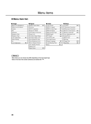 Page 3228
◆Menu item list:
● Image
Black Level (Brightness)
While Level (Contrast)
Gamma
Hue
Saturation
Sharpness Gain
Sharpness Type
Color Adjustment 1
White Peaking
Iris
Level Adjustment 2
● Signal
Display Aspect  Ratio 3
Overscan
3D Y/C  separation
Progressive Mode
Color Space Conversion
Setup Level
Overshoot Supp. Range
Overshoot Supp. Level
Noise Reduction Type
Noise Reduction Level
Horiz. Display Position
Vert. Display Position
Signal Level
Signal Status 4
● Initial
Color System 5
INPUT A  Signal 6
INPUT...