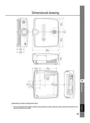 Page 6965
Reference
11
EnglishSpecifications are subject to change without notice.
•This unit may interfere with reception if placed in close proximity to a radio or television receiver. Follow the instructions in this
manual to install the unit correctly.
STANDBY/ON
SETTING
LAMP COVER TEMP FAN PATTERN
ESCAPE MENU
INPUTDIGITAL CINEMA PROJECTOR DPX-1000ASPECT
HDMI DVI
G/Y B/P
B/CBR/PR/CRINPUT A
HD/SYNC
VDOUT IN
REMOTE
TRIGGER OUT
S VIDEO
VIDEO
INPUT B
RGB/YPBPR/YCBCR
RS-232C
D4 VIDEO
465.4
18-5/16
124.6
4-7/8...