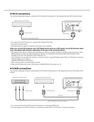 Page 16Downloaded from www.Manualslib.com manuals search engine 12
◆DVI-D connections
You can project high-quality images by c onnecting the DVI terminal of this projecto r to video equipment having a DVI-D output t erminal.
 For connection to the DVI terminal, us e a commercially available DVI-D cable.
 Select DVI as the input source.
 Only RGB signals are supported. Comp onent video signals are not supported.
When you connect this projector and a DVI-Digital device (such as a DVD player) via the DVI...