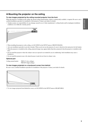 Page 139
◆Mounting the projector on the ceiling
To view images projected by the ceiling mounted projector from the front:
When the projector is installed on the ceiling, the special ceiling mount bracket, which is commercially available, is required. Be sure to ask a 
certified installation specialist for installation of the projector. Contact your dealer for details.
 Yamaha assumes no responsibilities for any damage caused by use of other manufacturer’s ceiling bracket and by inadequate installation...