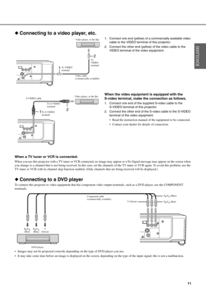 Page 1511
◆Connecting to a video player, etc.
1. Connect one end (yellow) of a commercially available video 
cable to the VIDEO terminal of this projector.
2. Connect the other end (yellow)  of the video cable to the 
VIDEO terminal of the video equipment.
When the video equipment is equipped with the
S-video terminal, make the connection as follows.
1. Connect one end of the supplied S-video cable to the 
S-VIDEO terminal of this projector.
2. Connect the other end of t he S-video cable to the S-VIDEO...