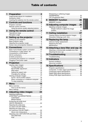Page 51
Table of contents
1 Preparation 2
Inappropriate places for installation .....................2
Accessory check ..................................................3
Inserting the batteries into the remote control......4
2 Controls and functions 5
Projector overview ...............................................5
Remote control overview .....................................6Using the picture quality adjusting buttons .....6
3 Using the remote control 7
Operational range...