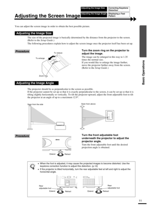 Page 1611
Basic Operations
Adjusting the Screen Image
You can adjust the screen image in order to obtain the best possible picture.
The size of the projected image is basically determined by the distance from the projector to the screen. 
(Refer to the Setup Guide.)
The following procedures explain how to adjust the screen image once the projector itself has been set up.
ProcedureTurn the zoom ring on the projector to 
adjust the image.
The image can be enlarged in this way to 1.35 
times the normal size.
If...