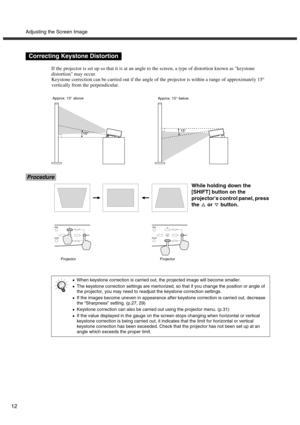Page 17Adjusting the Screen Image
12
If the projector is set up so that it is at an angle to the screen, a type of distortion known as keystone 
distortion may occur.
Keystone correction can be carried out if the angle of the projector is within a range of approximately 15° 
vertically from the perpendicular.
Procedure
Correcting Keystone Distortion
•
•• •When keystone correction is carried out, the projected image will become smaller.
•
•• •The keystone correction settings are memorized, so that if you change...