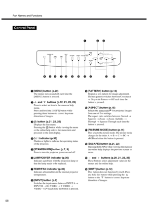 Page 61Part Names and Functions
58
Control Panel
[MENU] button (p.20)
The menus turn on and off each time the 
[MENU] button is pressed.
 and  buttons (p.12, 21, 22, 25)
Press to select an item in the menu or help 
menu.
Press and hold the [SHIFT] button while 
pressing these buttons to correct keystone 
distortion of images.
 button (p.21, 22, 25)
Displays the line menu.
Pressing the   button while viewing the menu 
or the online help selects the menu item and 
proceeds to the next display.
 indicator (p.36)...