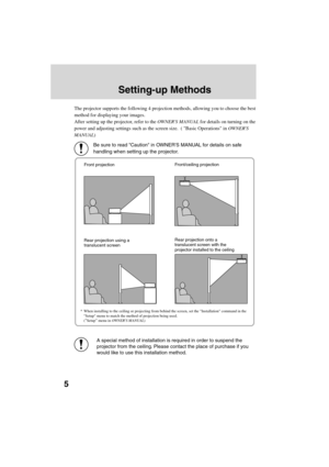 Page 745
Front projection
Rear projection using a 
translucent screen
Rear projection onto a 
translucent screen with the 
projector installed to the ceiling
The projector supports the following 4 projection methods, allowing you to choose the best 
method for displaying your images.
After setting up the projector, refer to the OWNERS MANUAL for details on turning on the 
power and adjusting settings such as the screen size.  ( Basic Operations in OWNERS 
MANUAL)
Setting-up Methods
Be sure to read Caution in...