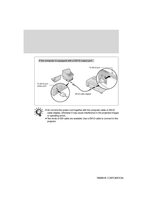 Page 80To DVI-D port
To DVI-D port
(video port)
DVI-D cable (digital)
If the computer is equipped with a DVI-D output port
Do not bind the power cord together with the computer cable or DVI-D 
cable (digital), otherwise it may cause interference in the projected images 
or operating errors.
Two kinds of DVI cable are available. Use a DVI-D cable to connect to this 
projector.
Esssen SET UP GUIDE English-11 