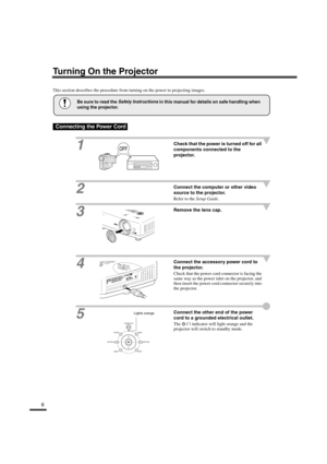 Page 116
Turning On the Projector
This section describes the procedure from turning on the power to projecting images.
1Check that the power is turned off for all 
components connected to the 
projector.
2Connect the computer or other video 
source to the projector.
Refer to the Setup Guide.
3Remove the lens cap.
4
Connect the accessory power cord to 
the projector.
Check that the power cord connector is facing the 
same way as the power inlet on the projector, and 
then insert the power cord connector securely...