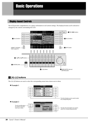 Page 2020Tyros5  Owner’s Manual
Basic Operations
The LCD provides comprehensive at-a-glance information on all current settings. The displayed menu can be selected or 
changed by the controls surrounding the LCD.
z [A]–[J] buttons
The [A]–[J] buttons are used to select the corresponding menu items shown next to them.
Display-based Controls
x TA B  [ ][] bu ttons
z [A]–[J]  buttons
m [EXIT]  button
n[DATA E NTRY] dial and 
[E NTER]  buttonv [1]–[8] sliders
c [ASSIG N] slider
b [1 ]–[8 ] buttons
[DIRECT...