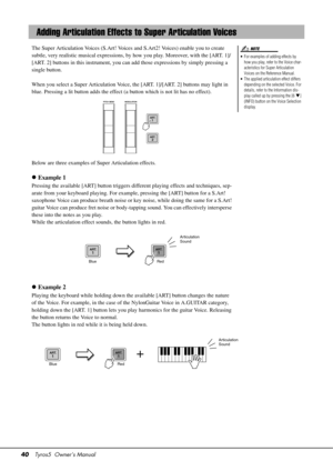 Page 4040Tyros5  Owner’s Manual
The Super Articulation Voices (S.Art! Voices and S.Art2! Voices) enable you to create 
subtle, very realistic musical expressions, by how you play. Moreover, with the [ART. 1]/
[ART. 2] buttons in this instrument, you can add those expressions by simply pressing a 
single button.
When you select a Super Articulation Voice, the [ART. 1]/[ART. 2] buttons may light in 
blue. Pressing a lit button ad ds the effect (a button which is not lit has no effect).
Below are three examples of...