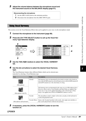 Page 89Tyros5  Owner’s Manual89
8
Microphone – Adding Harmony Vocals and Synth Vocoder to Your Singing –
5Adjust the volume balance between the microphone sound and 
the instrument sound on the BALANCE display (page 61).
This section covers the Vocal Harmony Effects that can be applied to your voice via the microphone sound.
1Connect the microphone to the instrument (page 88).
2Press the [VH TYPE SELECT] button to call up the Vocal Har-
mony Type Selection display.
3Use the TAB [][ ] buttons to select the...