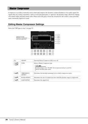 Page 9494Tyros5  Owner’s Manual
Compressor is an effect commonly used  to limit and compress the dynamics (softness/loudness) of an audio signal. For 
signals that vary widely in dynamics, su ch as vocals and guitar parts, it “squeezes” the dynamic range, effectively making 
soft sounds louder and loud sounds softer. When used with ga in to boost the overall level, this creates a more powerful, 
more consistently high-level sound.
Editing Master Compressor Settings
Select the CMP page in step 3 on page 93....
