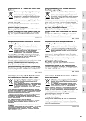 Page 1387
English
Deutsch
Français
Español
Português
Italiano
Русский
ÔŠ 
Information for Users on Collection and Disposal of Old 
Equipment
This symbol on the products, packaging, and/or accompanying 
documents means that used electrical and electronic products 
should not be mixed with general household waste.
For proper treatment, recovery and recycling of old products, 
please take them to applicable collection points, in accordance 
with your national legislation and the Directives 2002/96/EC.
By...