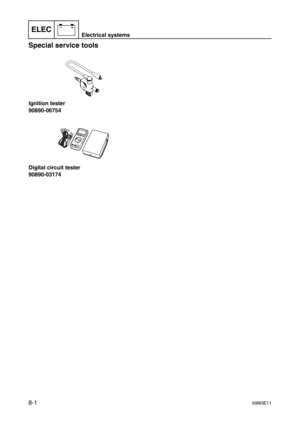 Page 128ELECElectrical systems
–+
8-169M3E11
Special service tools8
Ignition tester
90890-06754
Digital circuit tester
90890-03174 