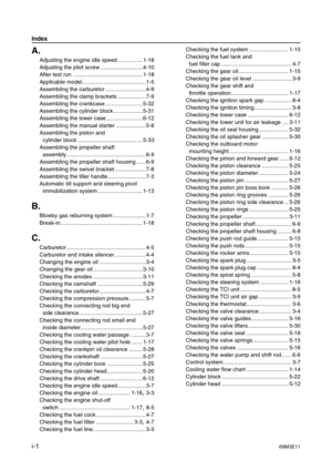 Page 140Index
i-169M3E11
A.
Adjusting the engine idle speed ................ 1-18
Adjusting the pilot screw ........................... 4-10
After test run ............................................. 1-18
Applicable model......................................... 1-5
Assembling the carburetor .......................... 4-9
Assembling the clamp brackets .................. 7-9
Assembling the crankcase ........................ 5-32
Assembling the cylinder block................... 5-31
Assembling the lower case...