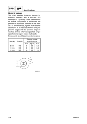 Page 34SPECSpecifications
2-969M3E11
General torques
This chart specifies tightening torques for
standard fasteners with a standard ISO
thread pitch. Tightening torque specifications
for special components or assemblies are
provided in applicable sections of this man-
ual. To avoid warpage, tighten multi-fastener
assemblies in a crisscross fashion and pro-
gressive stages until the specified torque is
reached. Unless otherwise specified, torque
specifications require clean, dry threads. 
Components should be at...