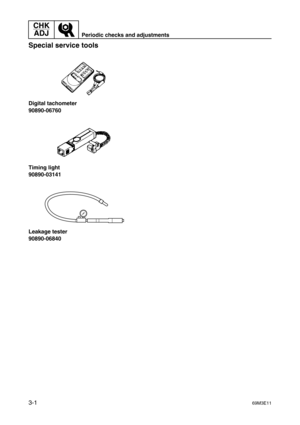 Page 36CHK 
ADJ
Periodic checks and adjustments
3-169M3E11
Special service tools3
Digital tachometer
90890-06760
Timing light
90890-03141
Leakage tester
90890-06840 