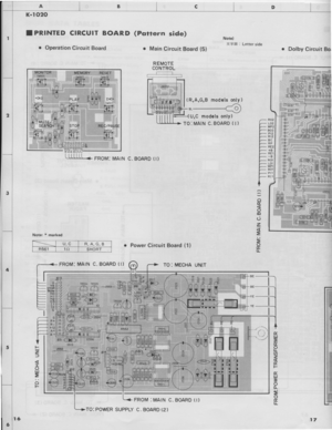 Page 18K-ro20
T PR.INTED CIR,CUIT BOARD
o Operation Circuit Board
I ttttll FRoM: MAIN c. BoARD u)
o Power Circuit Board (1)
FROM: MAIN C. EOARD (I)
FROM :MAIN C. BOARD (I)
(Pottern side)
o Main Circuit Board (b)
REMOTECONTROL
Notel
t+E : Letter sideo Dolby Circuit Bot
(R,A,G,B models only)
,-a\BL-( (J .a--/
U,C models only)
TO:MAIN C. BOARD ( I)
=_
I
3
ot
o@
d
za=
:o
E
ts
trtrl=E
eaz
GF
trlJ,l3o(L
Eo
tr
RO2LO2MP2802Pt2RI?
RPRE2+BREI
ROiLOIMPIBor IPil|nrr I
Note: I marked
U,CR,A,G,BR561tf2SHORT
TO: POWER SUPPLY...
