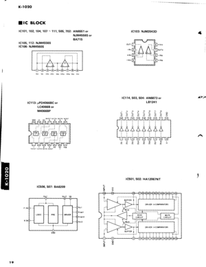 Page 21K-ro20
I tc BLOCK
1cl01, 1O2,1O4,107 - 111,505,702: AN6551 or
NJM4558S or
8A715
|Cl05, 112: NJM4556S
1C106: NJM4560S
vcc Vor -Vhr +Vmr VEE +Vo2 Vmz Vo? Vcc
1C113: rrPD4066BC or
LC4066B or
M4O66BP
1C103: NJM2043D
1C114, 503, 504: AN6873 or
L81241
1C501,502: HAl2067NT
{
-NOSo@N@FFFFtsFFFOooooooooo
-NO9O@N@lzzzzzzzz
^.-V
n
tr22I N/QUT OUT/IN QTIIN IN/OUT2C 3C Vssc
1C506,507: 8A6209
ORIVER (+COMPARATOR}
t9 