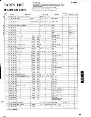 Page 39T
PARTS LIST
I TITCTRICAL PARTS
r WARNTNG K-IO2OUL Standard 1270 requires that components marked 4 bereplacement with parts having specifications equal to thoseoriginally installed.o Carbon resistors of this cassette deck are l/oW.There is no discriotion about them in this Darts list.Use the Part No. HJ35@@ or equivalent.
Ref.No.Part NoDescription gF ff €RemarksCommonModelMarkets)>,
NA i08i6 t i8cOoer ation Circuit Boardt2-l
iF r00:00:40Diodets1555t4t]D801-809
KA i90 63r8CSwitch5MEVOARB44M7119 vf...