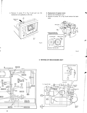 Page 6d.
I:
I
iiI
;
ii!ARemove 4 screws €) in f ig. 5 and pull out
mechanism unit gradually to the rear.
Replacement of capstan motor
Remove the mechanism unit.
Remove 4 screws @ in f lg. 6 and remove the back-
plate.
O WIRING OF MECHANISM UNIT
the 3.
a.
b.
Fig.5
r
/
I
J
A
II
I
ij
{
i
. Srtting flywhsl belt(viryed trom the rsr)
Fig.6
Sensor Circuit Board
Reel Motor - Lavel 